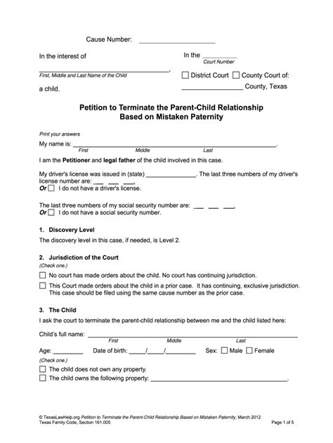 This form is federally mandated for use in IV-D and non IV-D cases. . Printable termination of parental rights form texas